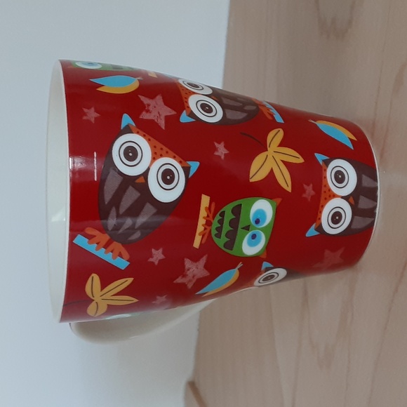 Whimsical Owls Cup Mug 10 oz Red Background Star Pattern on Handle - Picture 4 of 7